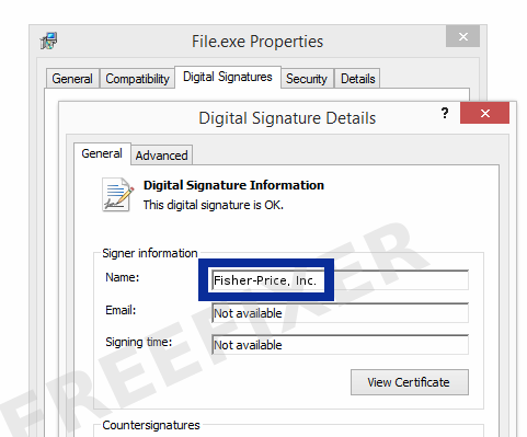 Screenshot of the Fisher-Price, Inc. certificate